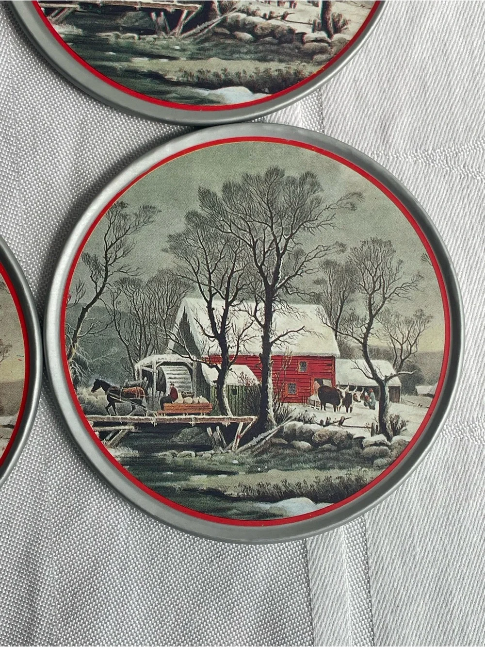 Vintage Currier & Ives Tin Coasters w Storage Winter Red Barn Scene Set of 6